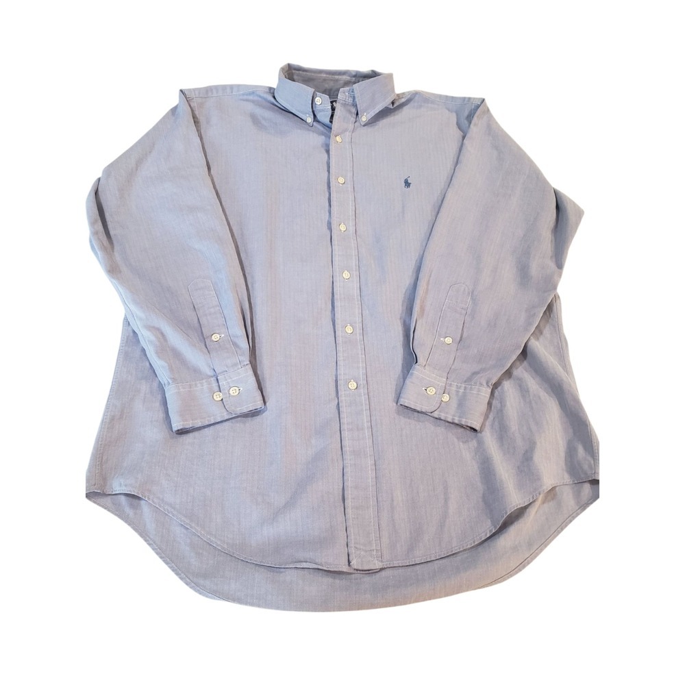 Ralph Lauren Long Sleeve Button Up Shirt Mens 16 Blue Yarmouth 100% 2 Ply Cotton